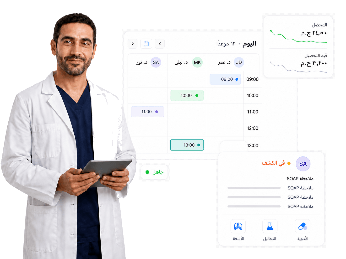 طبيب مصري يستخدم كلينيكون مع جدول المواعيد وواجهة رعاية المريض وملخص الإدارة المالية