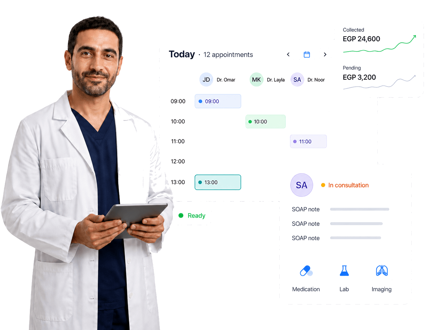 Egyptian doctor using Clinicon with appointment scheduling, focused patient care and a financial summary